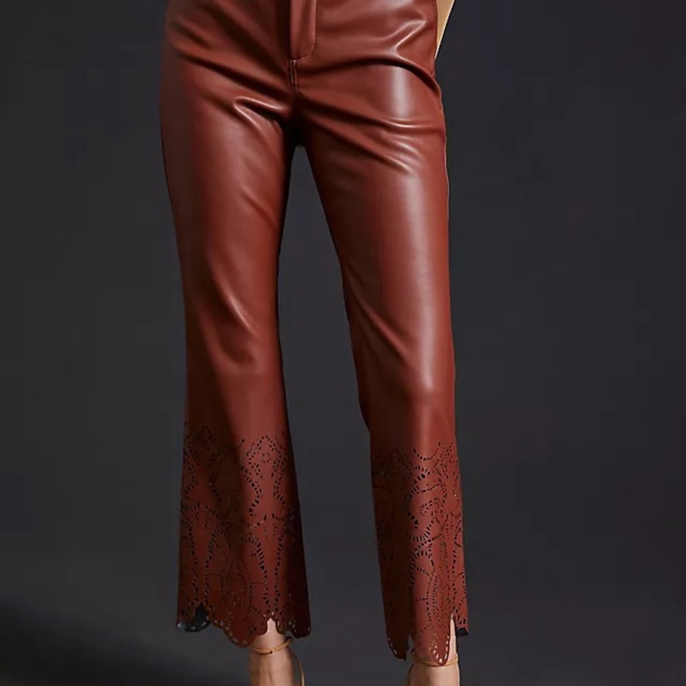 Anthropologie Brown Flare Pants with Laser-Cut Hem